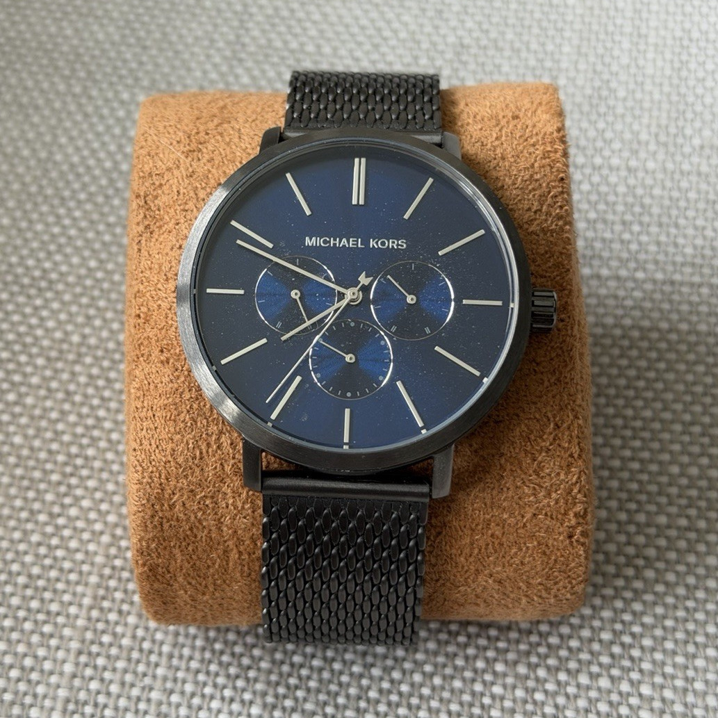 Michael Kors Men’s Quartz Multi-Dial Blue Dial Black Mesh Watch w/ Box Booklet