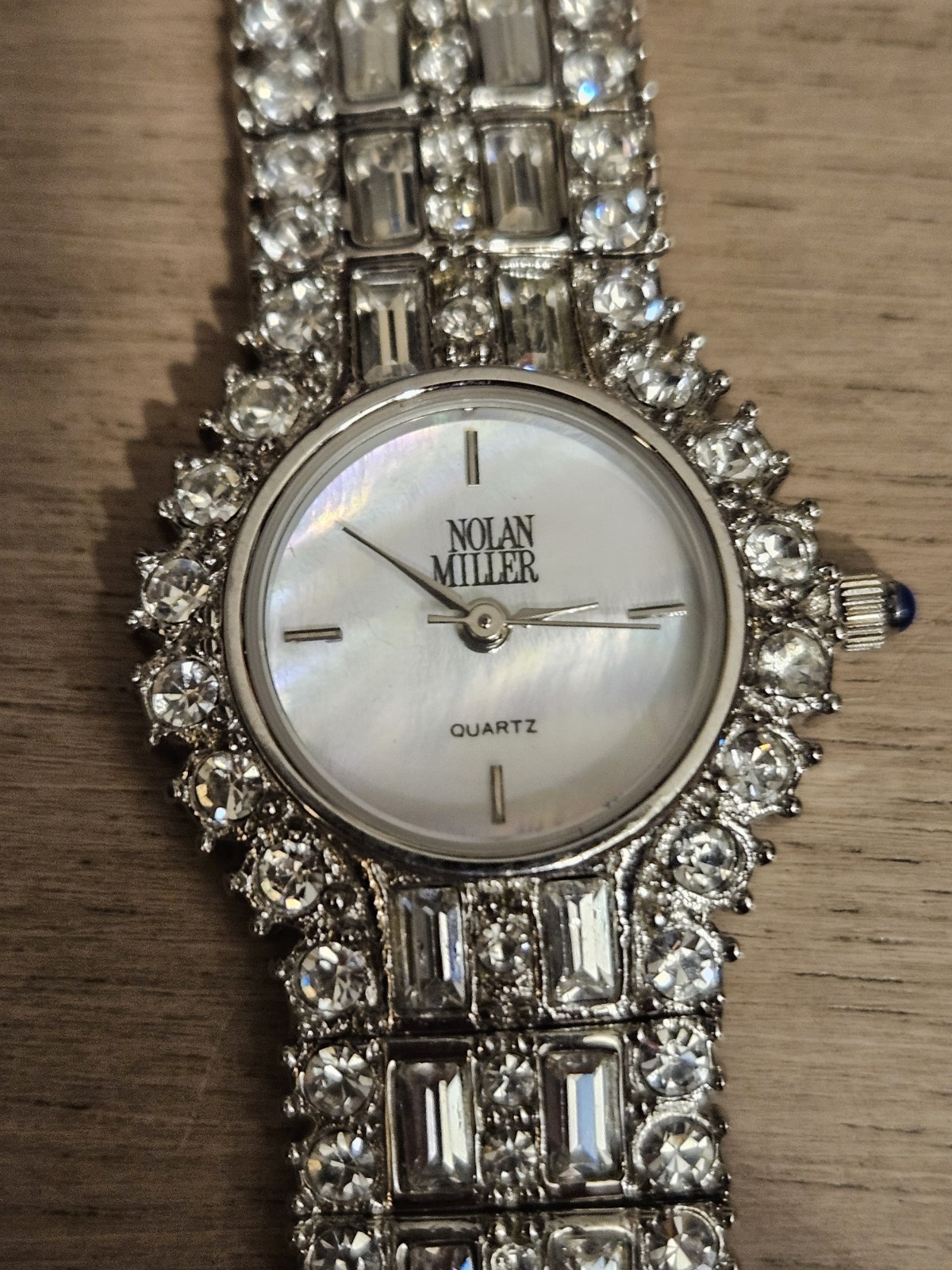 Nolan Miller Glamour Rhinestone Silvertone Ladies Wristwatch, Tested & Works