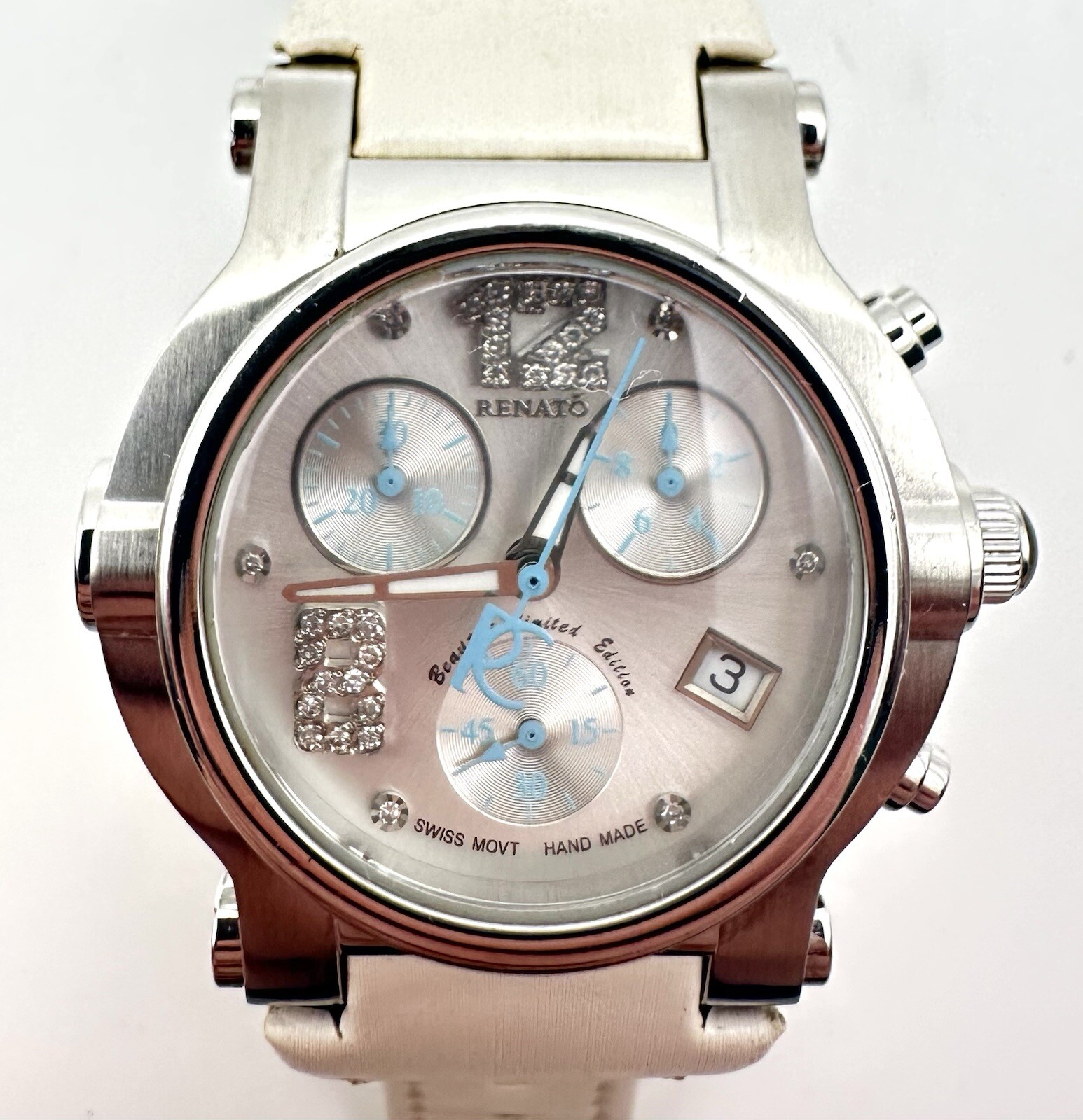 Renato Chronograph Watch Beauty Hybrid Collection Baby Blue & Silver Diamonds