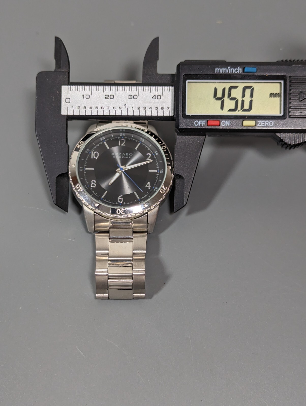 Mens Azzaro Chrome Black Dial Round Silver Tone 45 mm Stainless Steel Band Watch