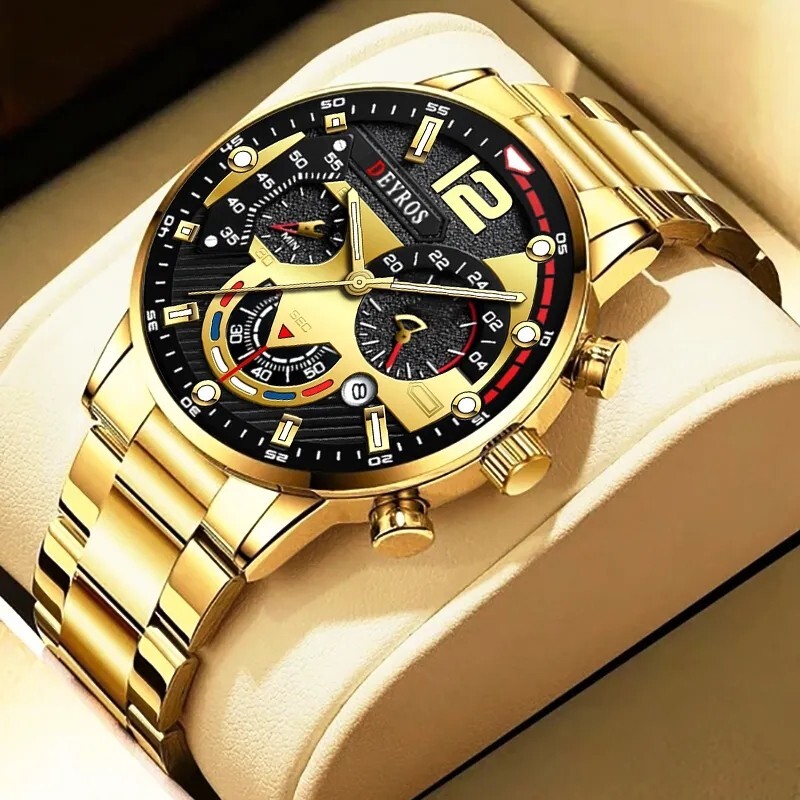 Men’s Gold Discount Quartz Watch Stainless Steel Multi Needle Decorative