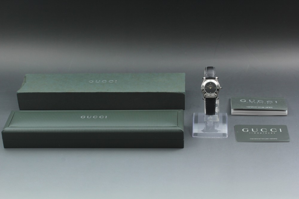 Top MINT Full Set GUCCI 6500L Black Dial 27mm Quartz Ladies Watch w/ Box JAPAN