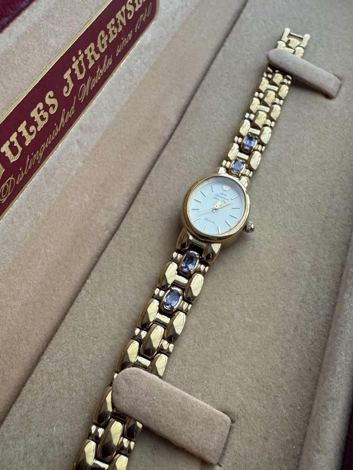 Vintage Jules Jurgensen Purple Gemstone Accents Gold Tone Bracelet Watch