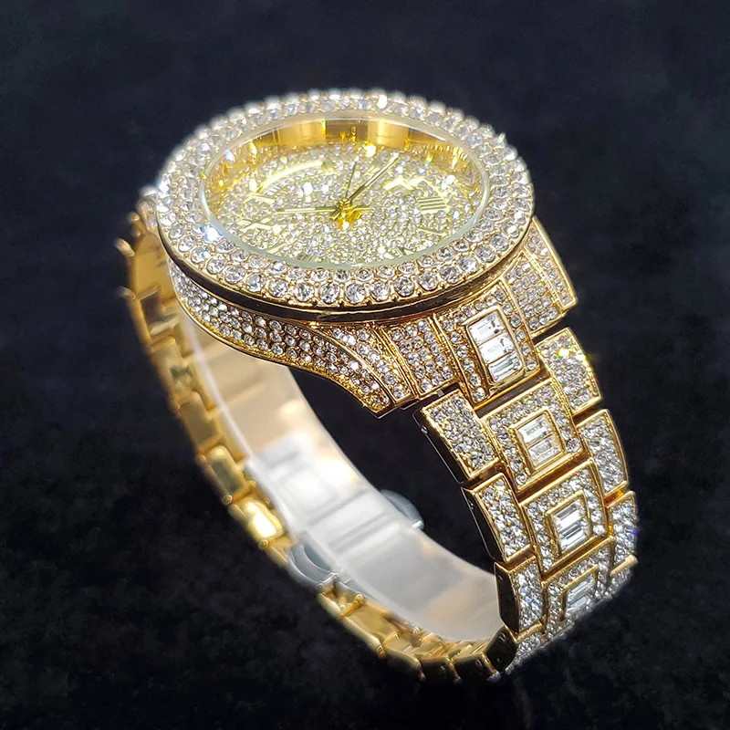 Luxury Iced Out Diamond Watch Men’s Bling Day Date Gold Steel Quartz Hip Hop