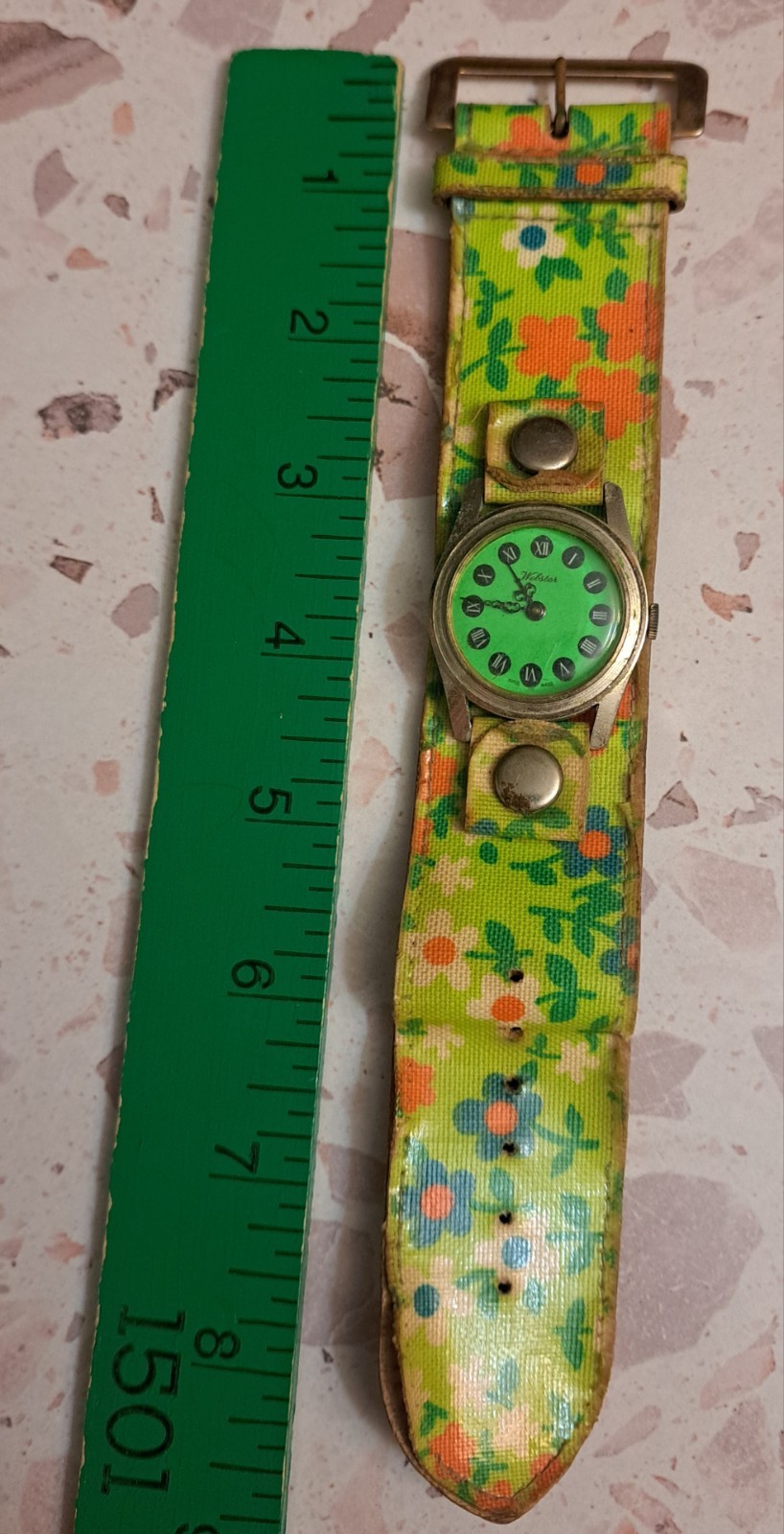 Vtg 60s Webster Watch Swiss Made Lime Green Mod Floral Diamond Tooled PARTS ONLY