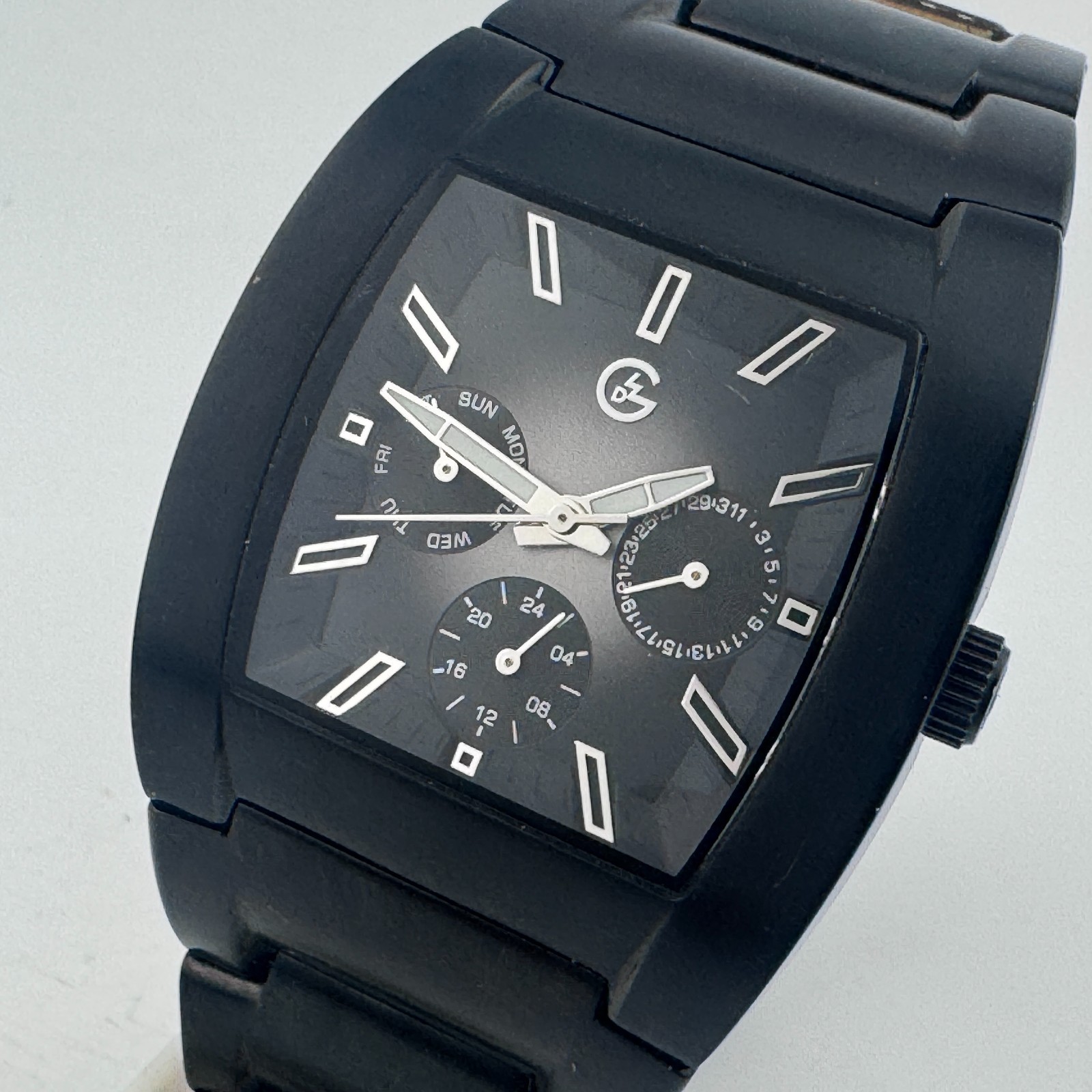 George Quartz Watch Men 50m Black Steel Barrel Day Date Japan Analog New Battery