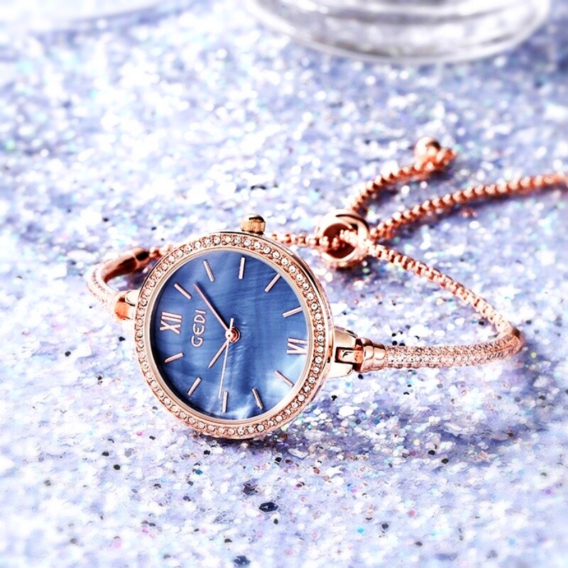 18K Rose Gold Filled Crystal Round Face Adjustable Slide Bracelet Quartz Watch