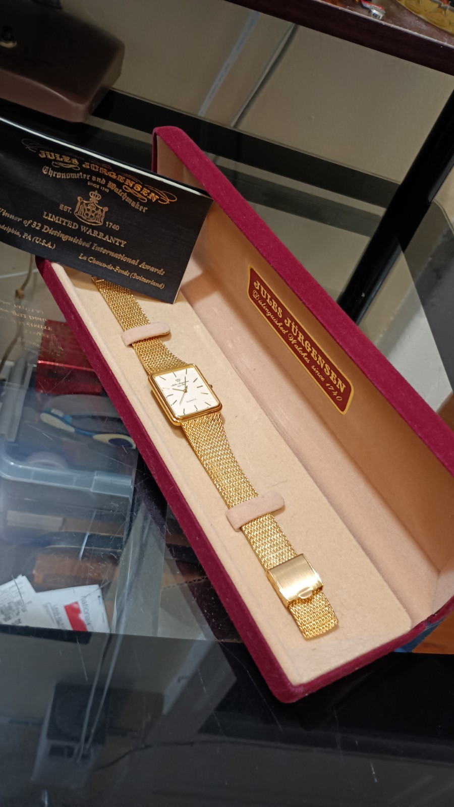 JULES JURGENSEN Rectangular Vintage Men’s Watch Gold Tone Quartz 26 mm Box