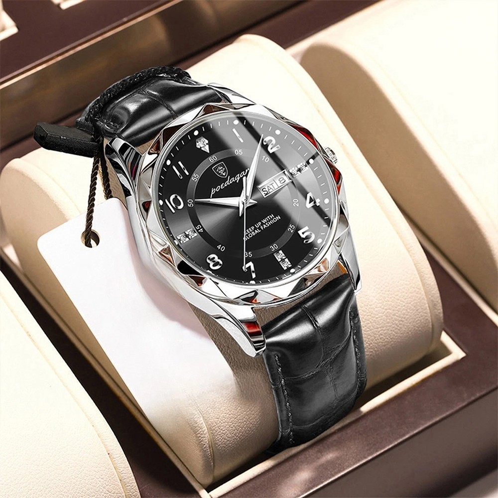 Mens Calendar Watch Quartz Wristwatch Man Leather Watches Waterproof Luminous