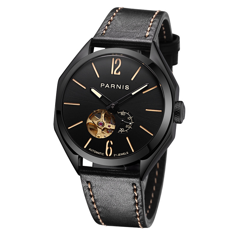 43mm Parnis Hollow Dial Miyota Automatic Movement Men’s Watch PVD Black Case New