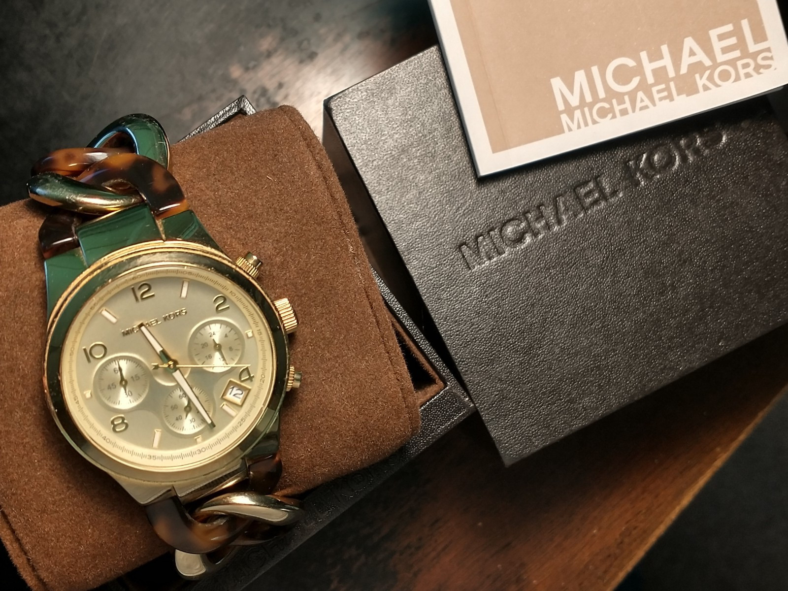MICHAEL KORS Runway Ladies Chronograph, Goldtone & Tortoise, MK4222, Box & Book