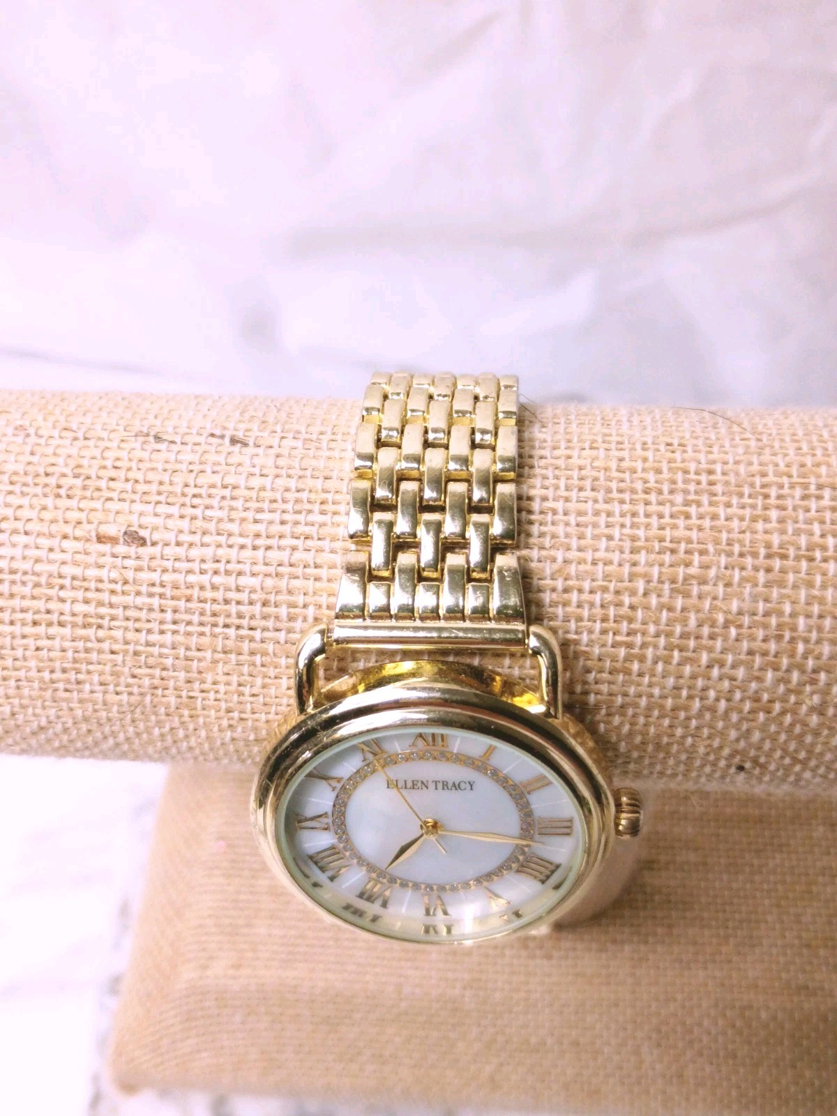 Ellen Tracy Watch Gold Tone Crystal Accent Jewelry Clasp Mother Pearl Dial Works