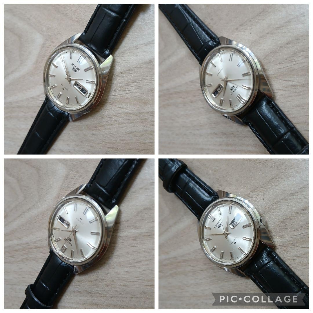 Seiko 5 Wristwatch 23 Jewels Silver Dial Black Leather Band Analog Working Men