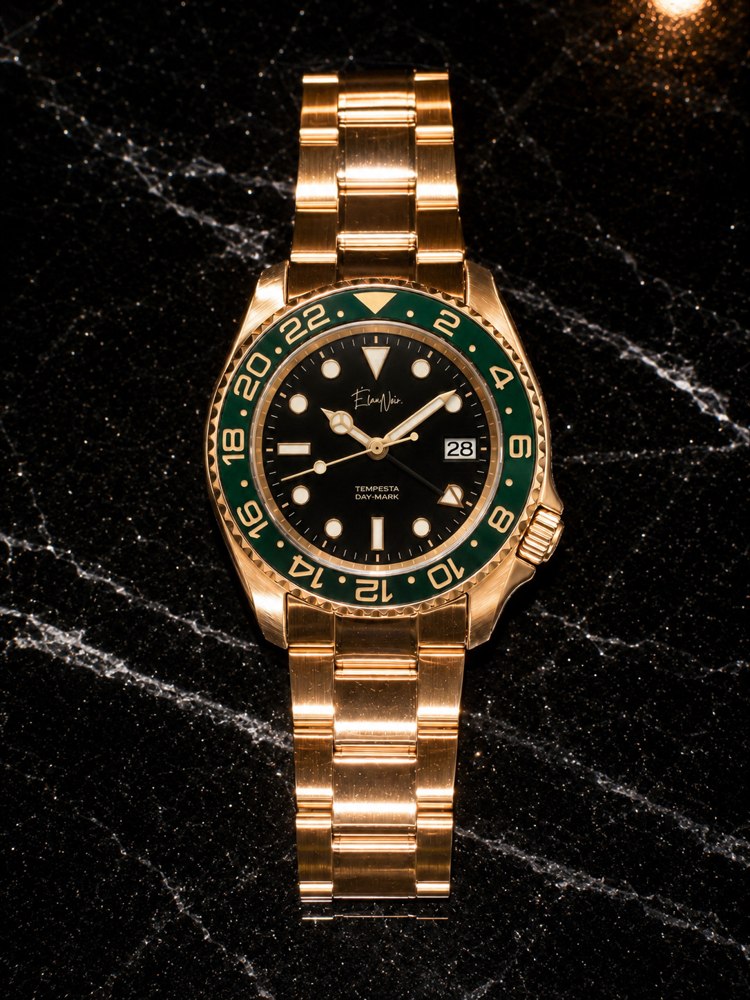 Custom Élan Noir Tempesta Automatic GMT Watch 41mm Steel Gold/Black/Green NH35