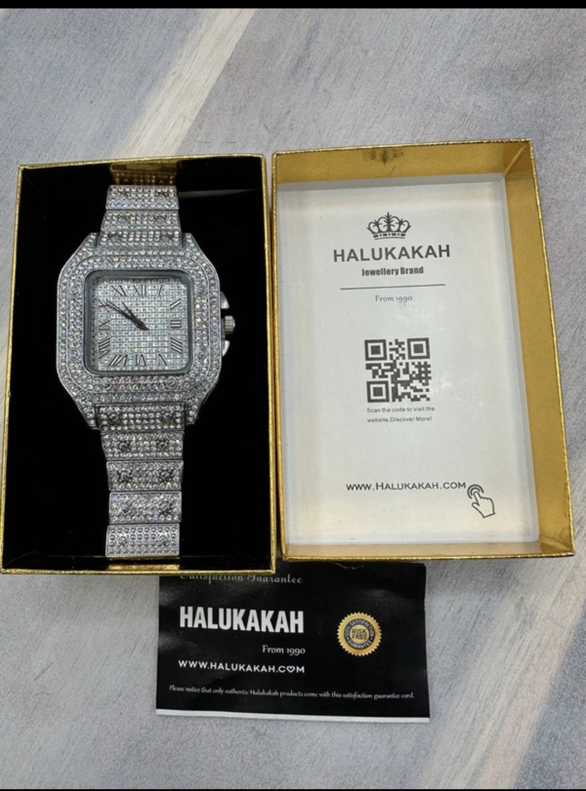 HALUKAKAH Silver Tone Square Analog Quartz Watch, Roman Dial, Box & Papers
