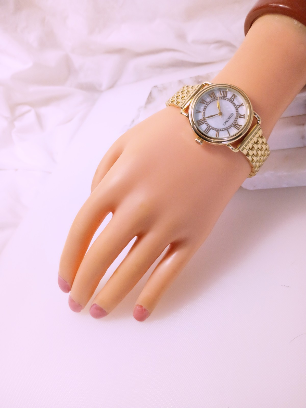 Ellen Tracy Watch Gold Tone Crystal Accent Jewelry Clasp Mother Pearl Dial Works
