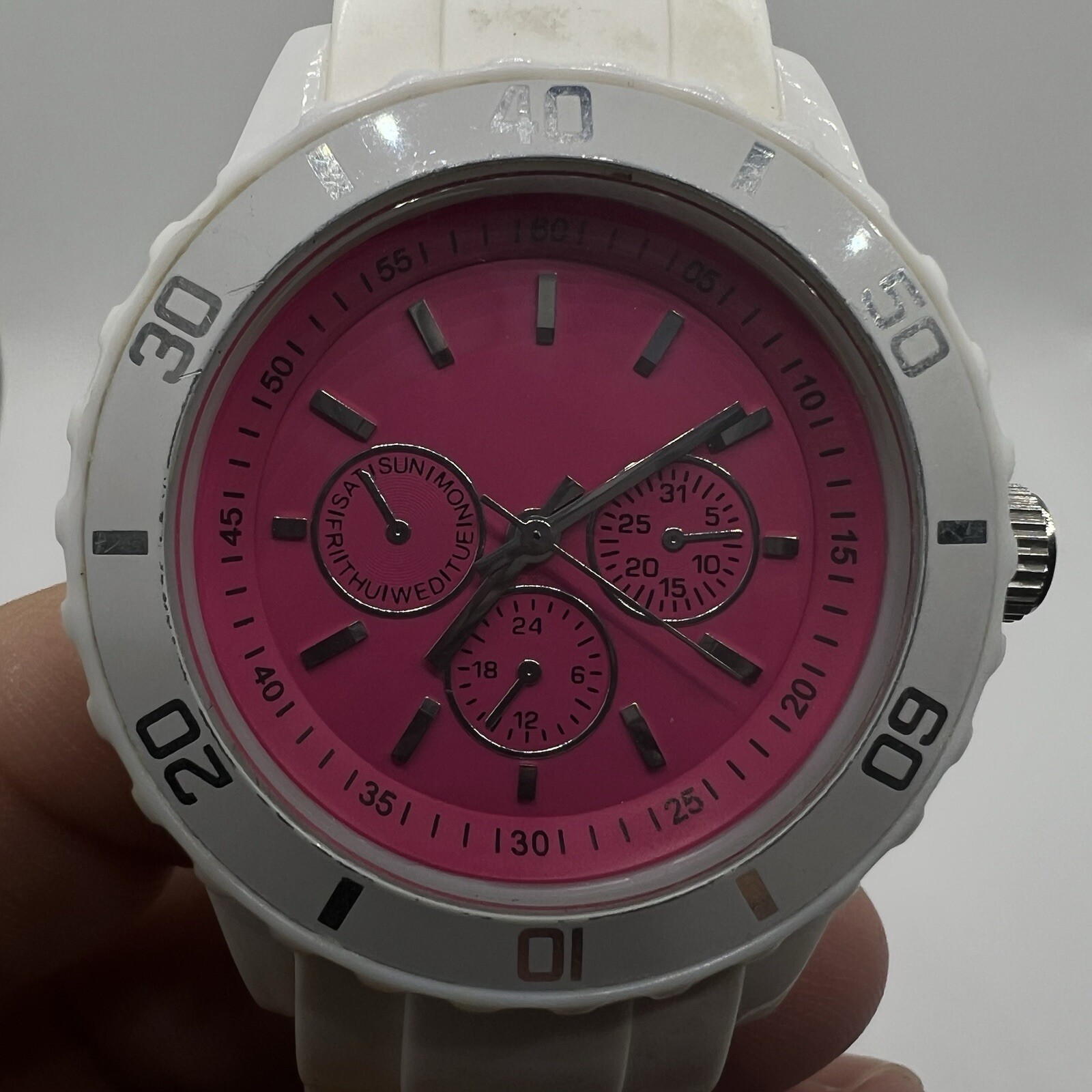 Xhilaration Womens Pink White Rubber Jelly Watch Silicone Band Rotating Bezel