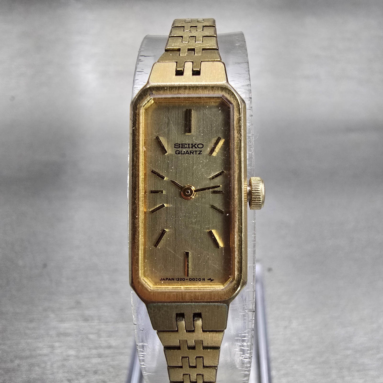 Seiko Watch Women 12mm Gold Dial Gold Tone Rectangle 1320-5029 New Battery VTG