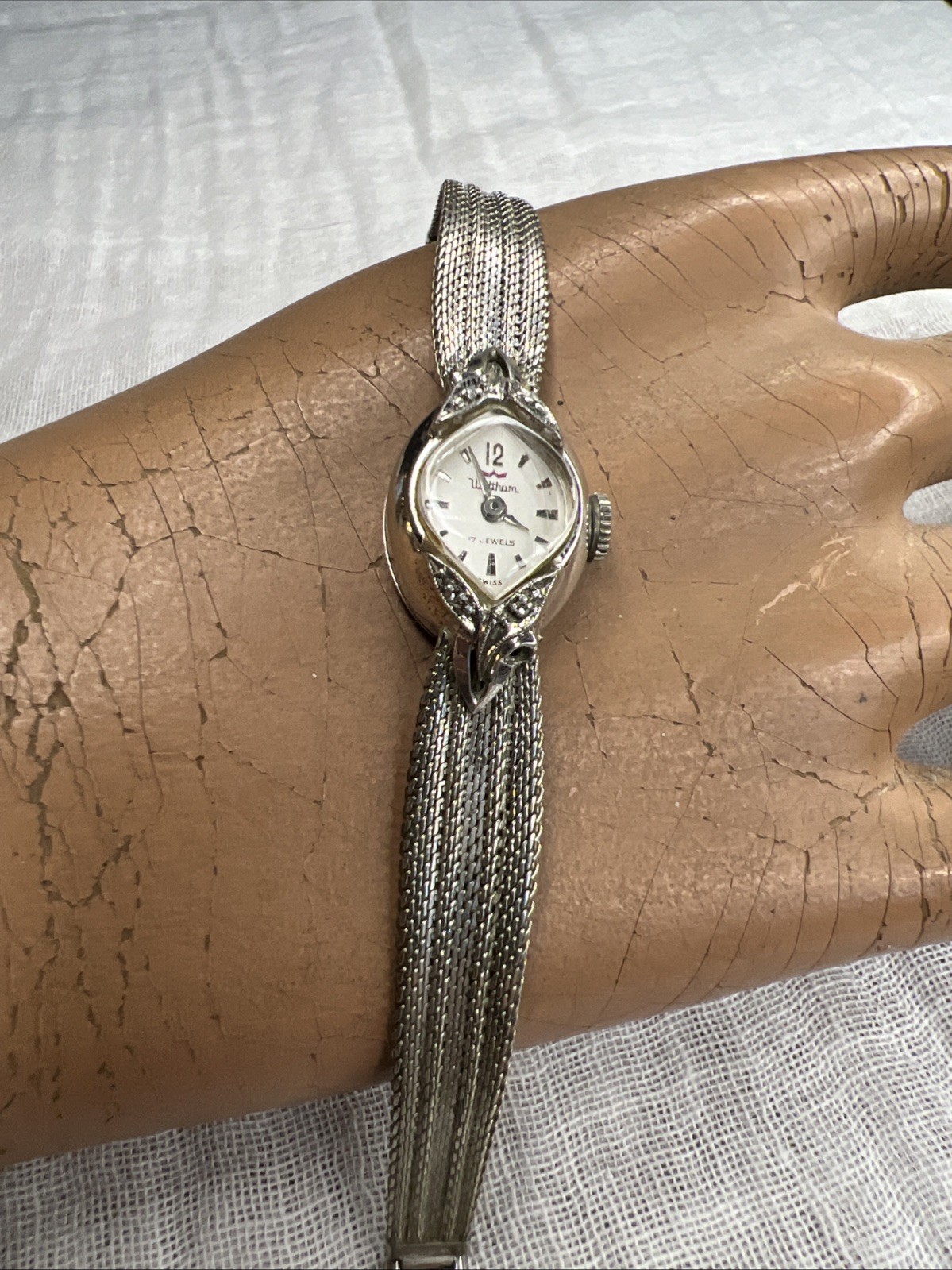 VTG Waltham Swiss 17J Diamond Watch 10K RGP Finesse KGF Mesh Bracelet Working