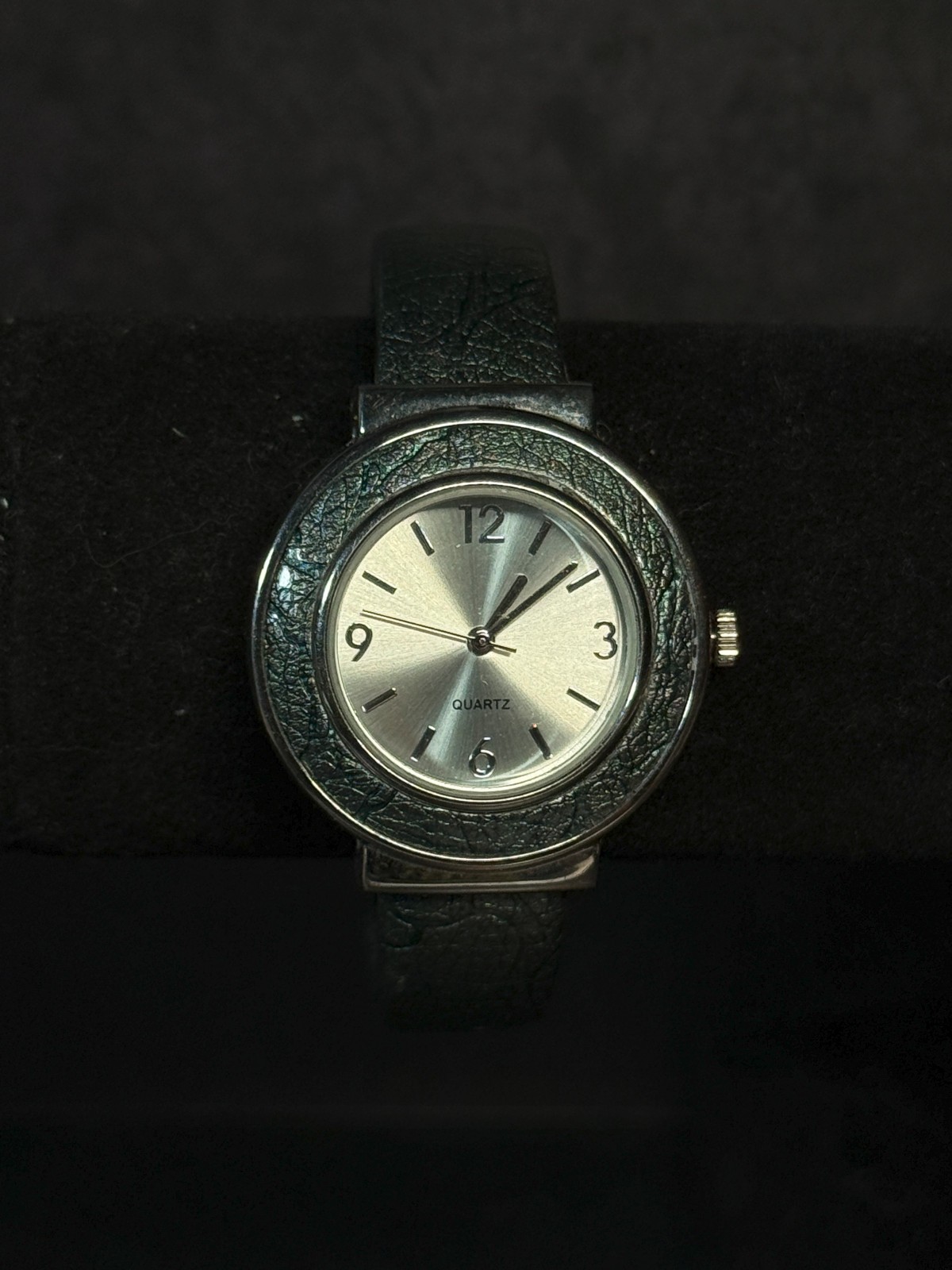Faux Leather Accent Metal Cuff Watch Silver Tone Japan Movement