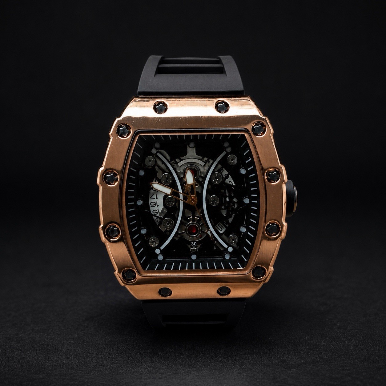 Men’s Tonneau Skeleton Dial Analog Watch Rose Gold Case Black Rubber Strap