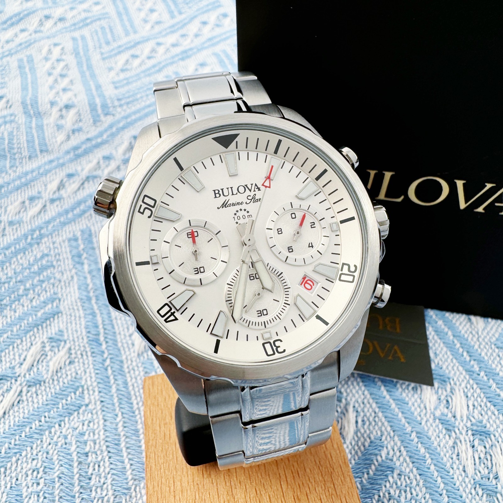 New Bulova Marine Star Chronograph Men’s Watch White Dial 43mm/96B255