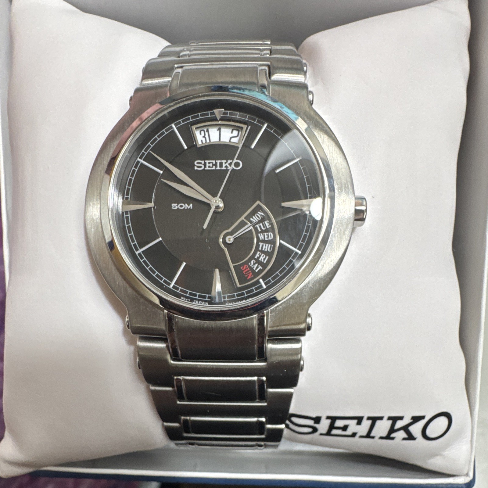 Seiko Premier Men’s Quartz Watch Black Dial Day/Date Silver Steel Bracelet