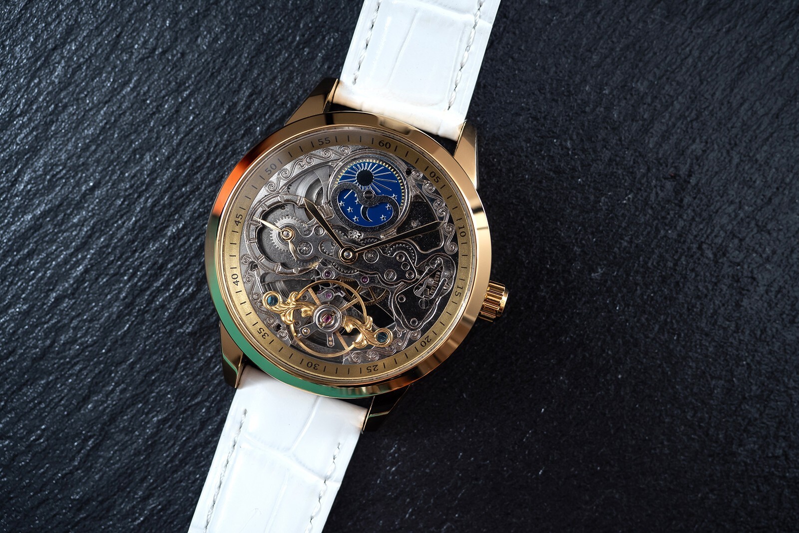 Mens Gold Silver Dual Time Skeleton Automatic Mechanical Watch White Strap