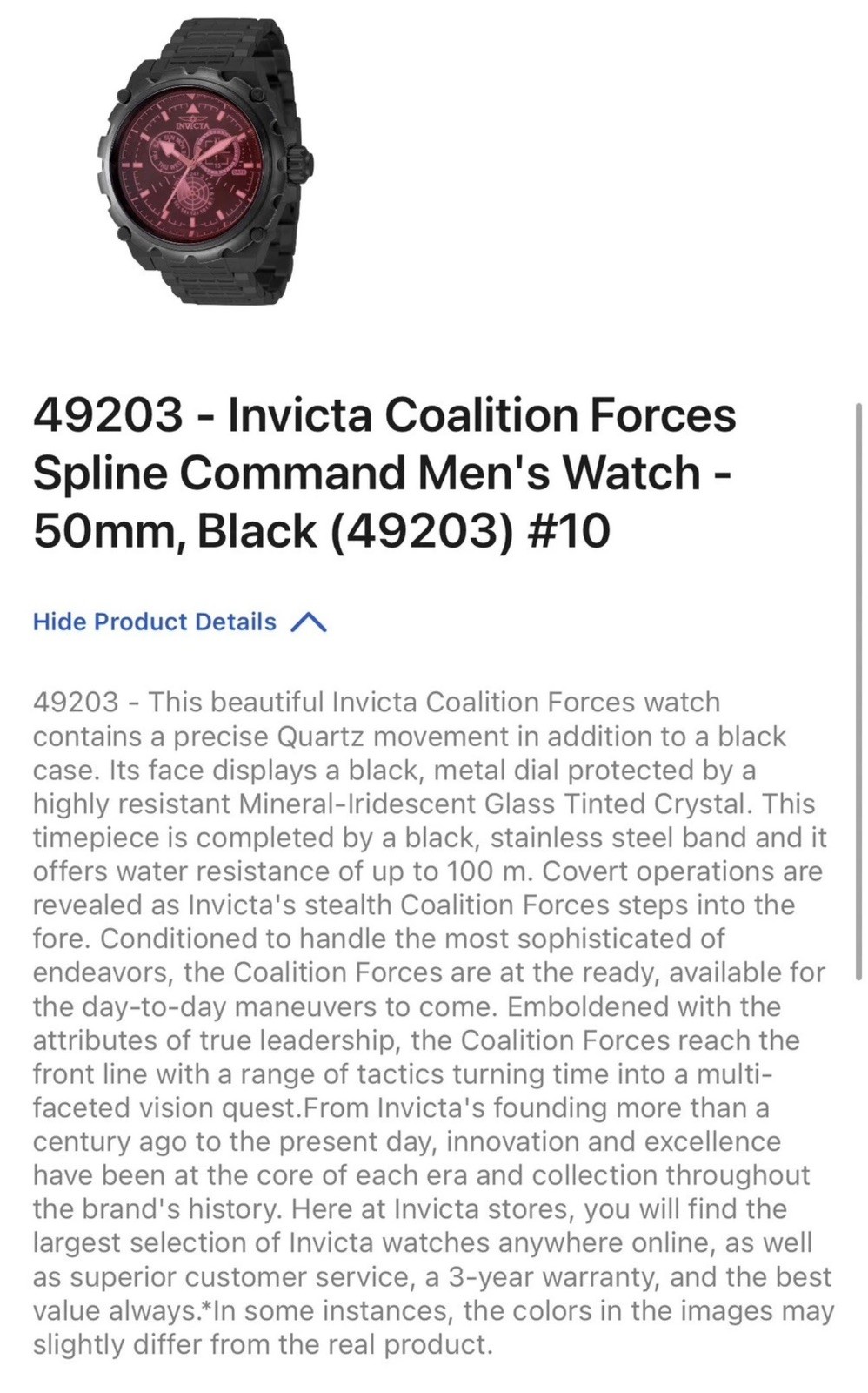 Invicta Coalition Forces Spline Command 50mm Red Tinted Crystal Mens Watch 49203