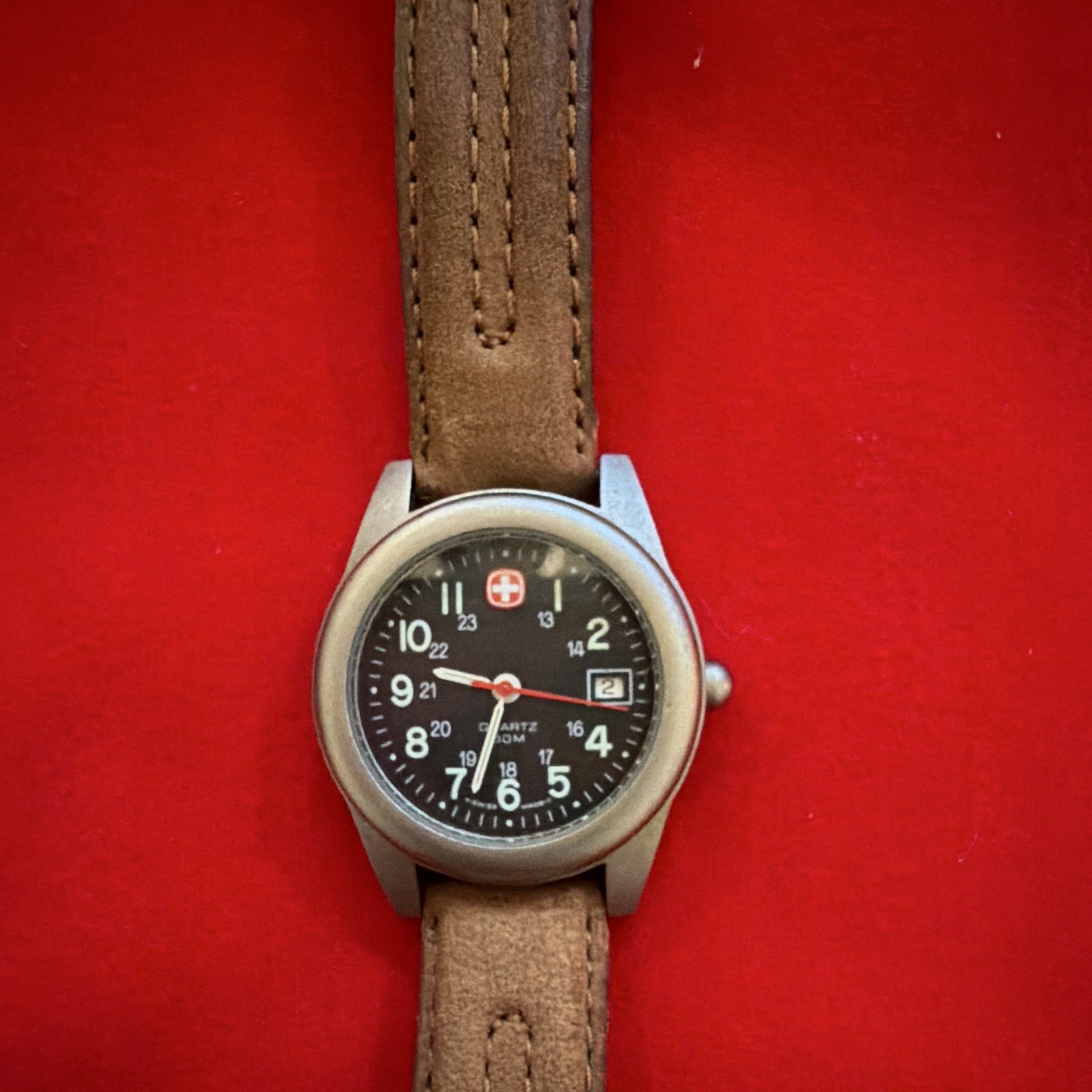 Wenger Marlboro Unlimited Quartz Analog Watch Black Dial Date Brown Leather 50m