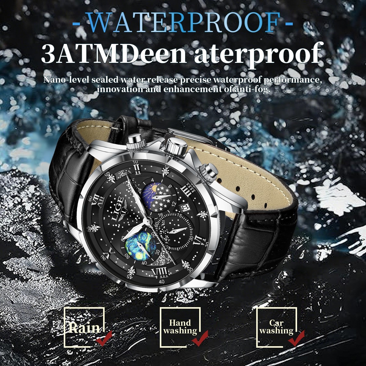 LIGE Luxury Quartz Men’s Watch Leather Moonphase Waterproof Luminous Wristwatch