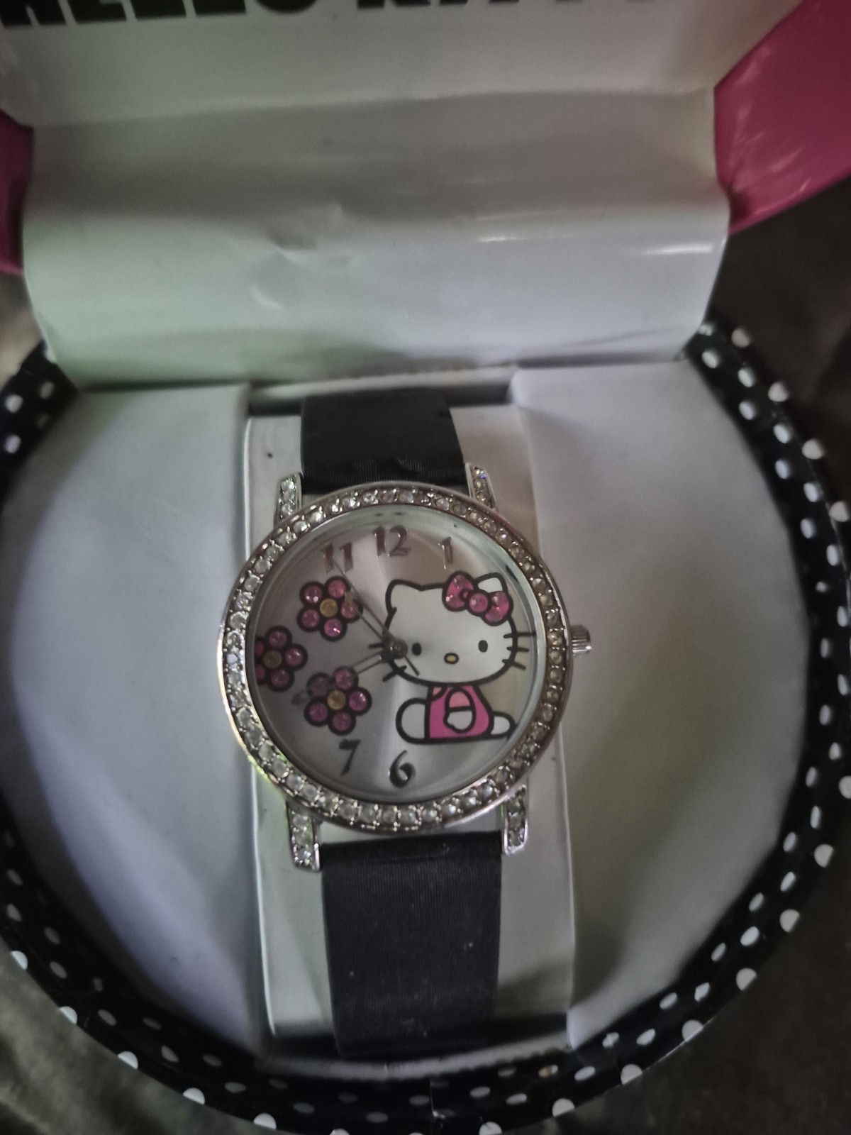 Hello Kitty Girls Quartz Analog Watch Black Rubber Strap Gem-Set Bezel Box