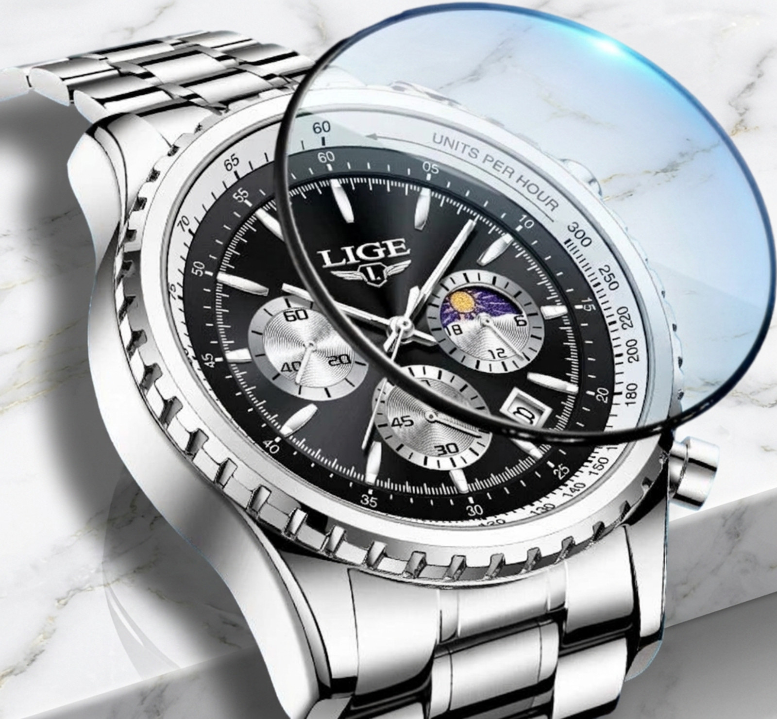 Men Watch Quartz Luminous Chronograph Black Dial 46 Silver Stainless Wristwatch