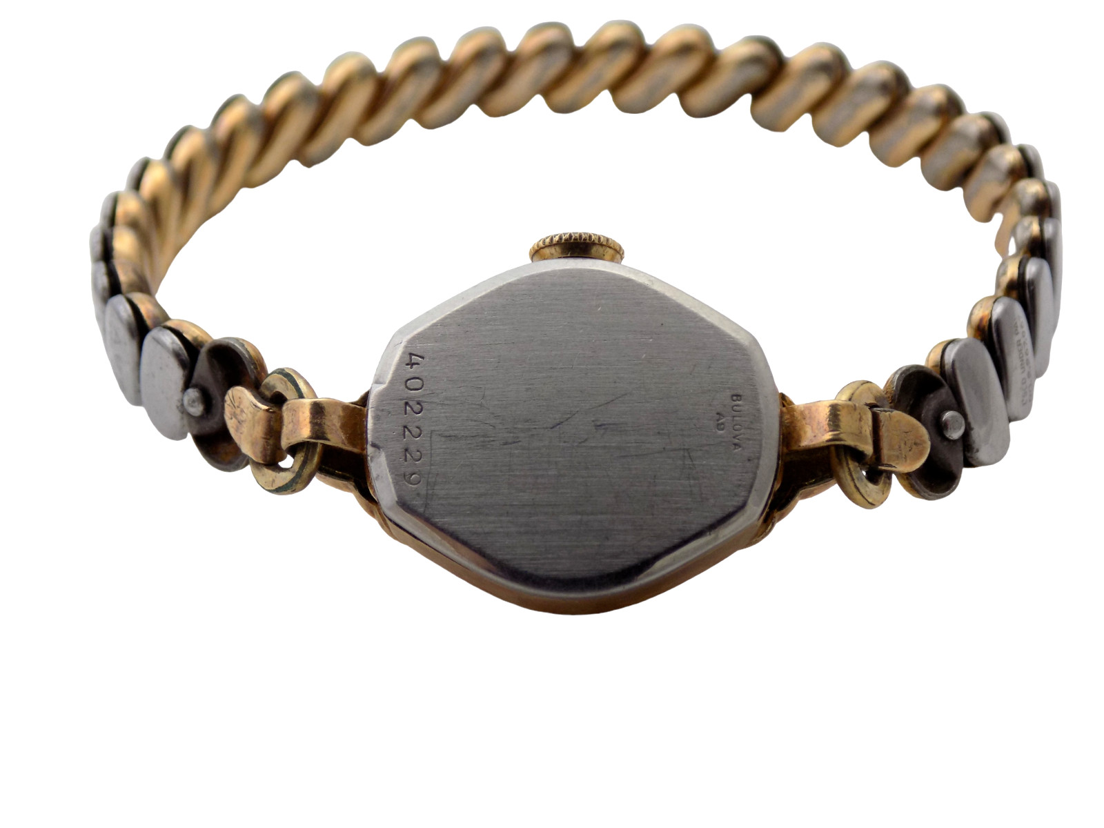 BULOVA TWO TONE 13 X 13.5MM DIAL TWISTED BAND COCKTAIL WATCH AS IS #1385