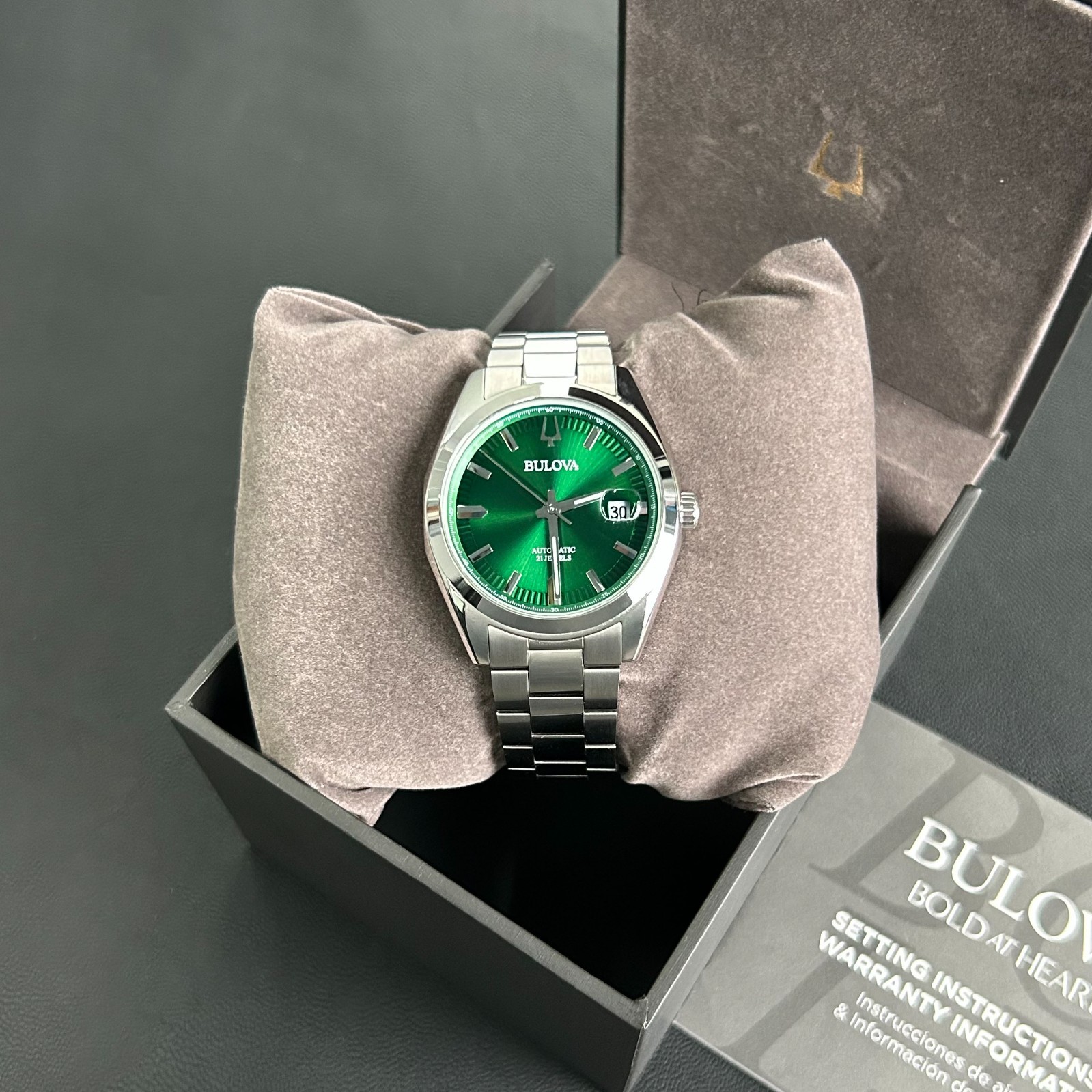 Bulova Surveyor 96B429 Automatic Green Dial Men’s Stainless Steel Watch 39MM