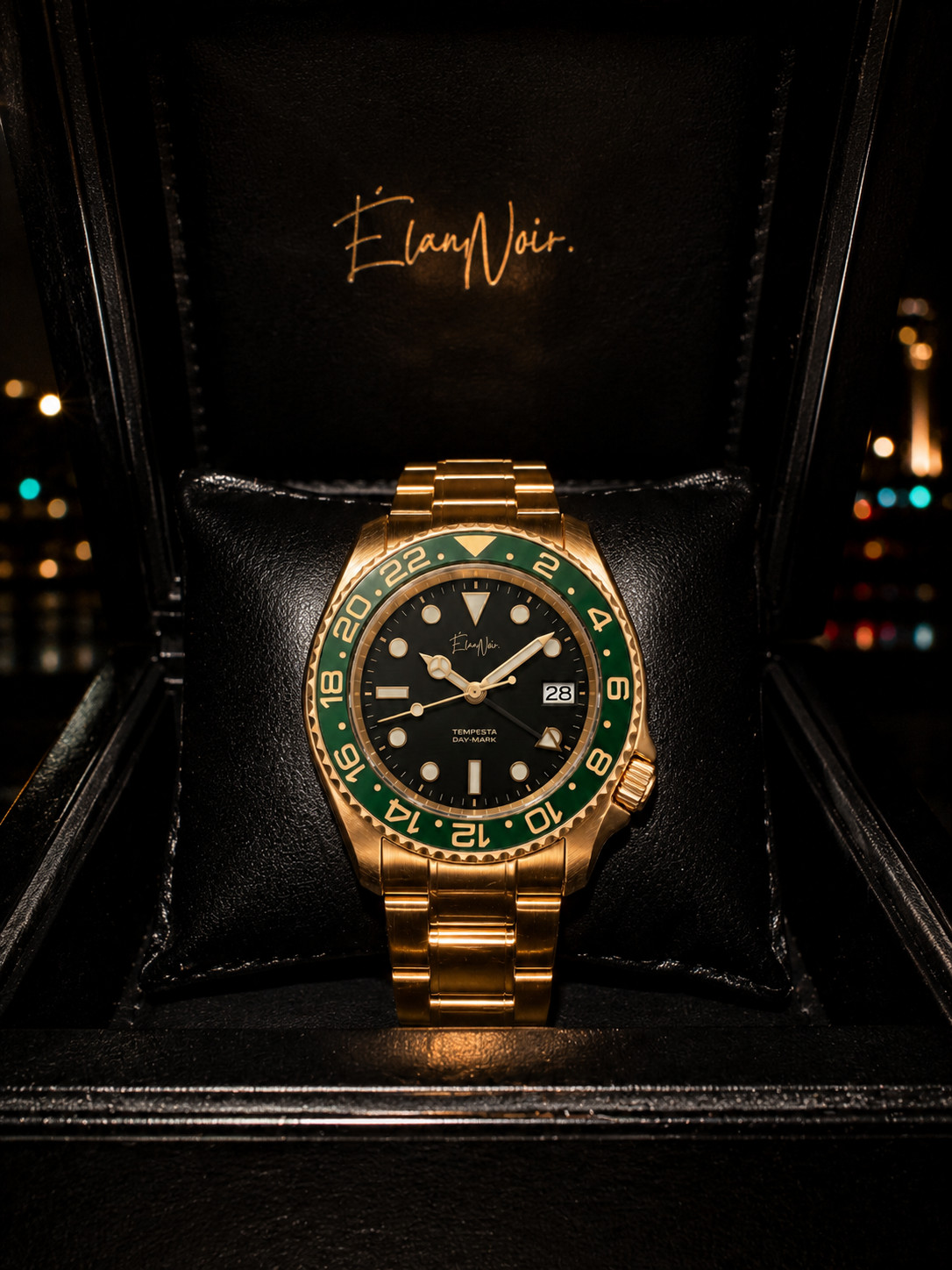 Custom Élan Noir Tempesta Automatic GMT Watch 41mm Steel Gold/Black/Green NH35