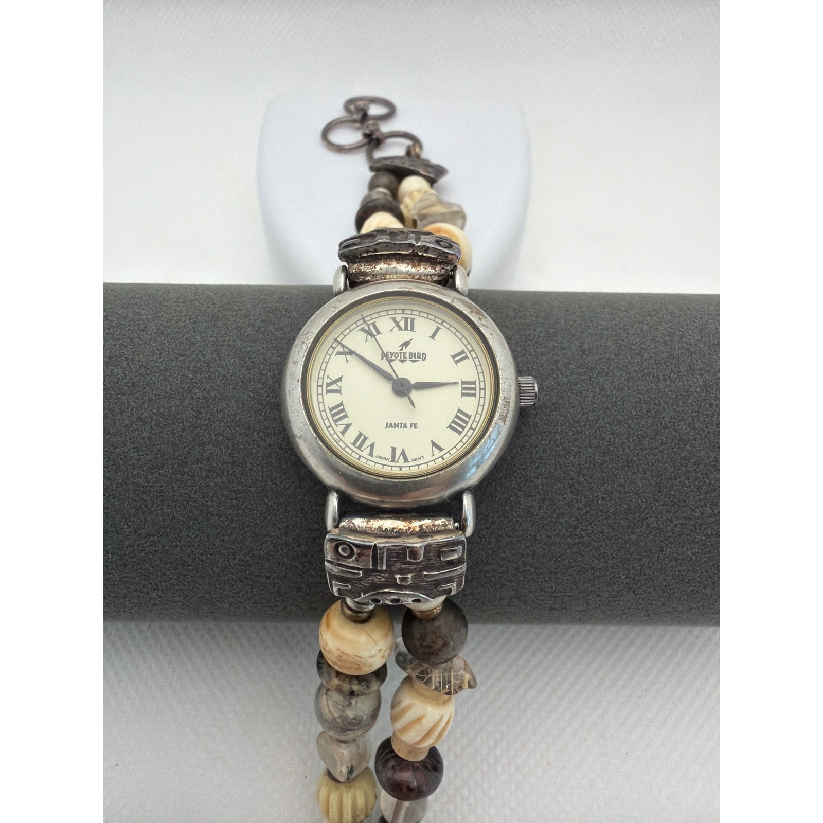 Peyote Bird Wristwatch Womens 7.5in Silver Tan Fair Beaded Southwestern Santa Fe