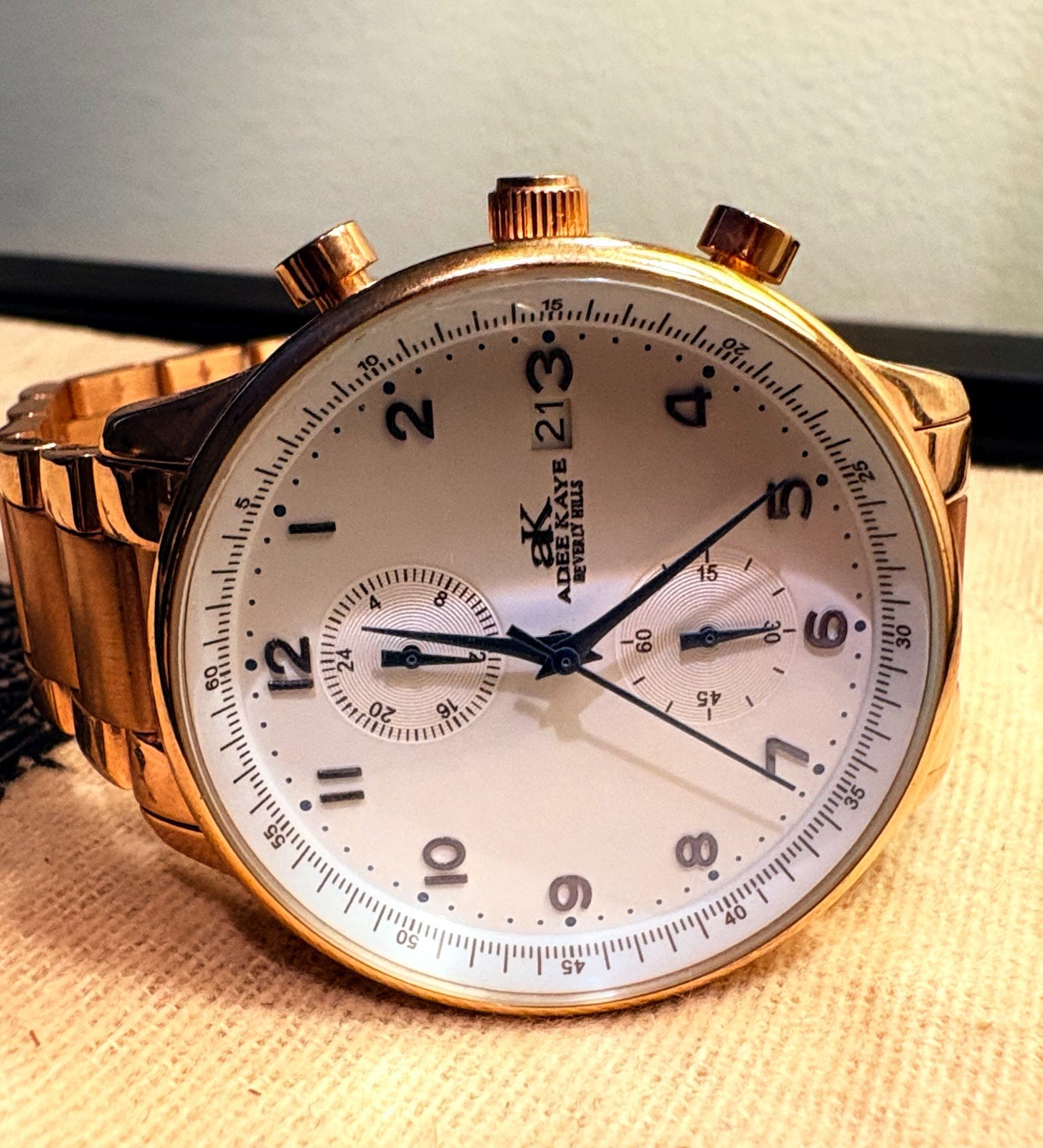 Adee Kaye Men’s Chronograph Watch White Dial W/ Blue Numerals/Hands + Date