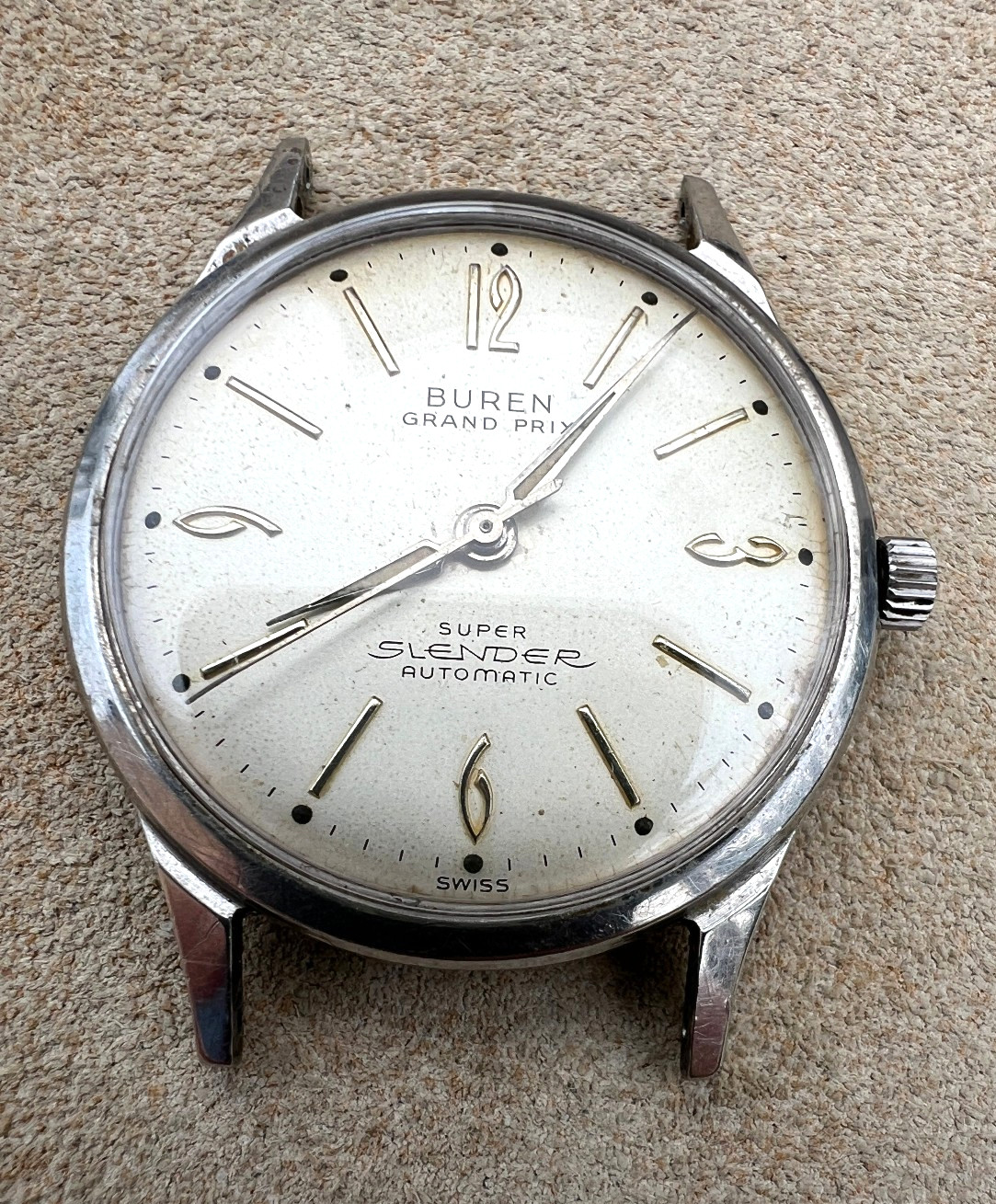 Vintage Buren Grand Prix auto micro rotor watch Slender 25J All Steel 60’s Works