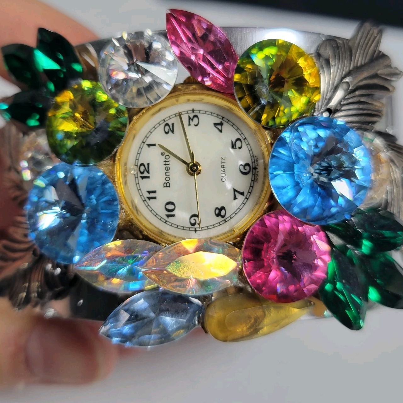 Bonetto Rhinestone Cuff Watch Bold Crystal Floral Burst Bracelet Quartz