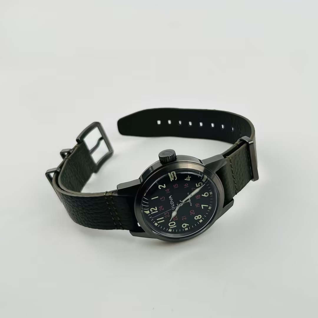 Bulova Hack 98A255 Black Dial Green Leather Strap Automatic Men’s Watch 38 mm