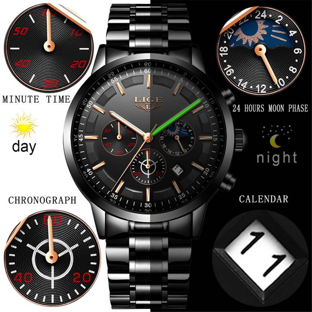 LIGE Men Watches Male Steel Business Chronograph Wristwatch Fashion Quartz Watch
