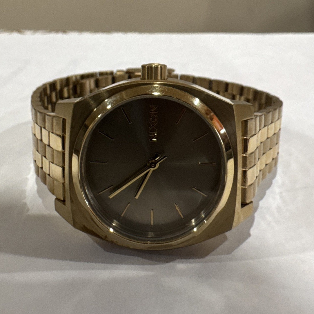 Nixon Time Teller Quartz Watch Black Dial Gold Tone Stainless Bracelet 37mm