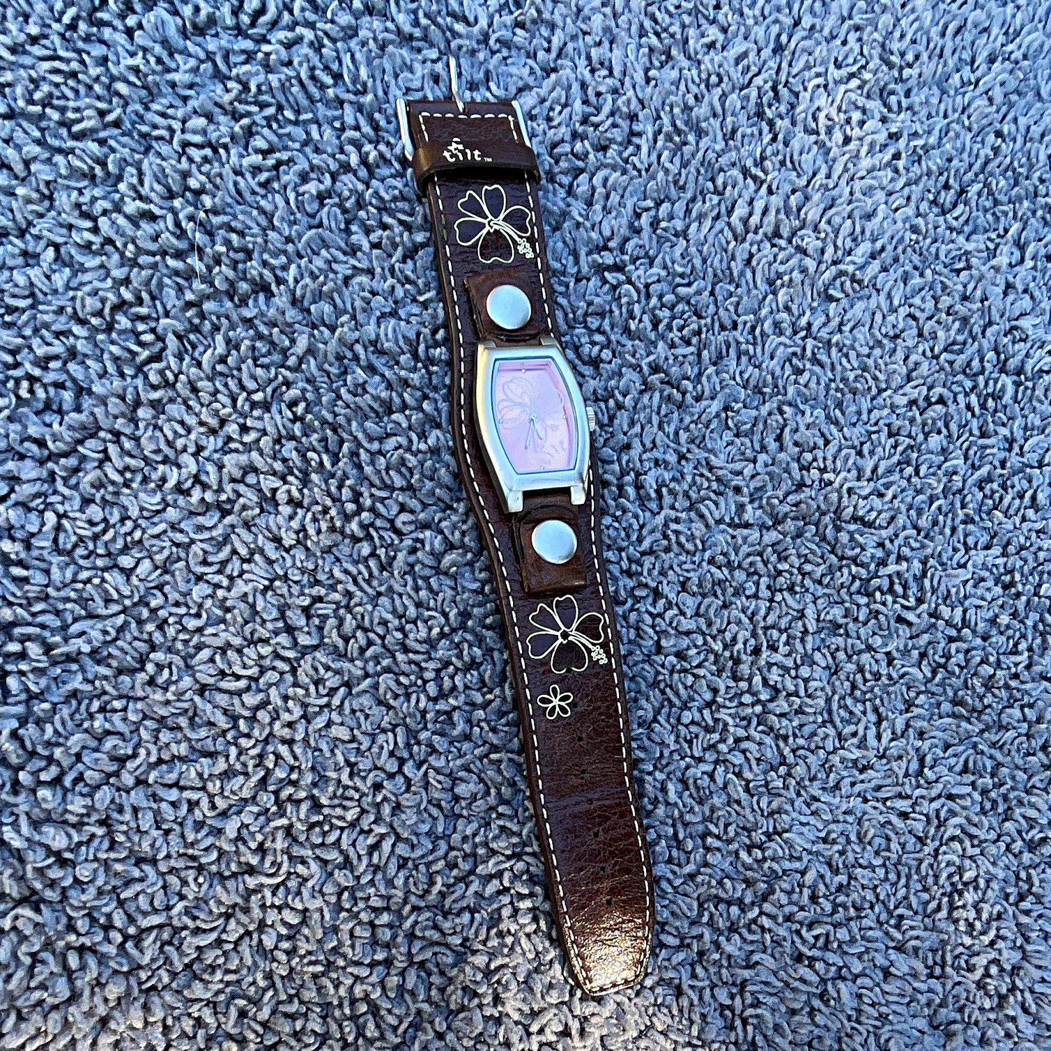 Women’s Analog Cushion Wristwatch Pink Floral Dial Brown Leather Strap Silver