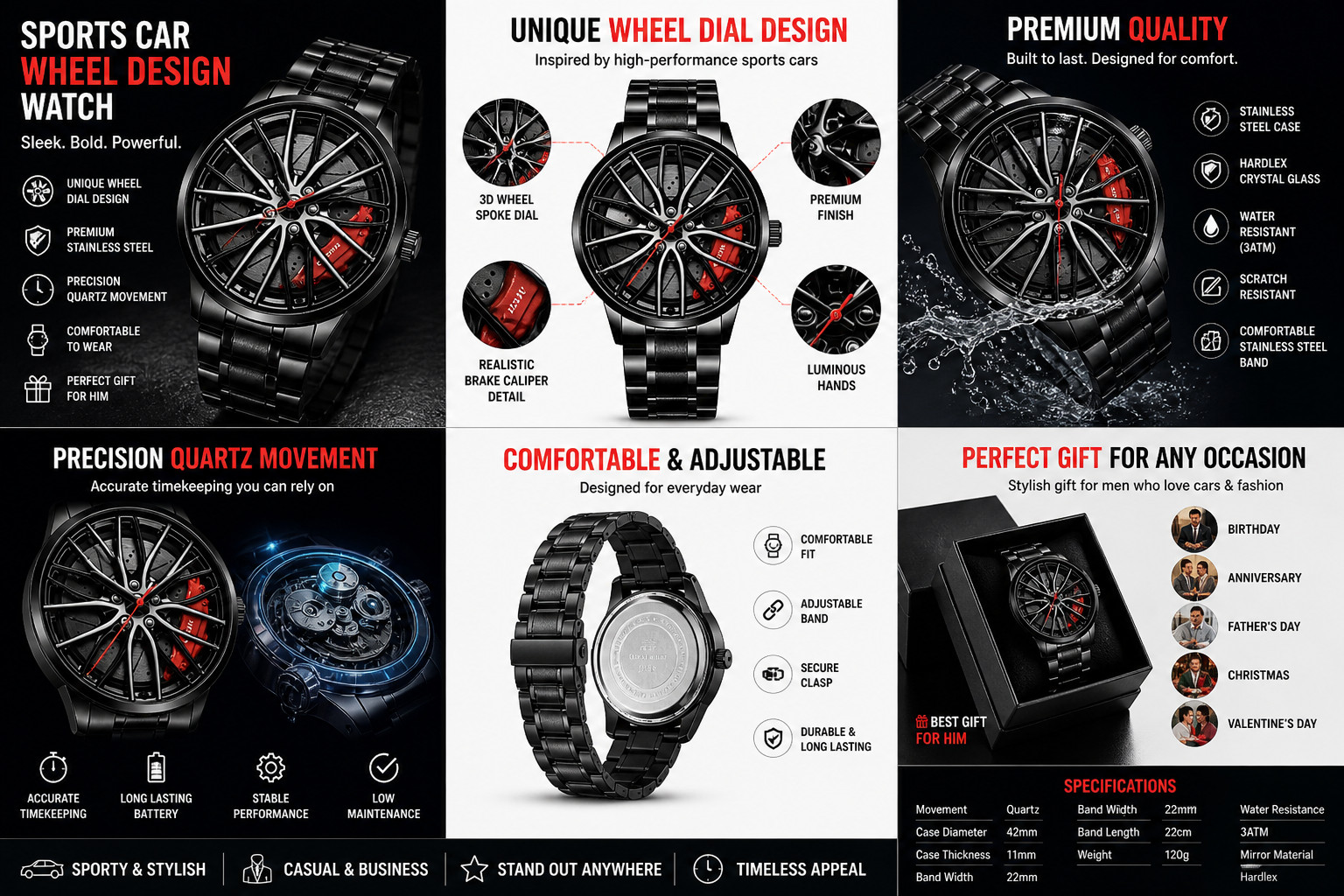 Men’s Sports Car Wheel Design Watch – Stainless Steel Analog Quartz Wrist Watch