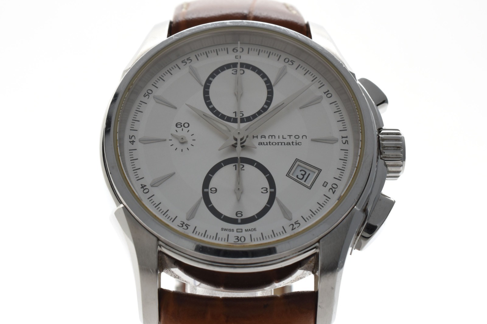 HAMILTON H326160 Jazzmaster Auto Chronograph White Dial Brown Leather Mens Watch