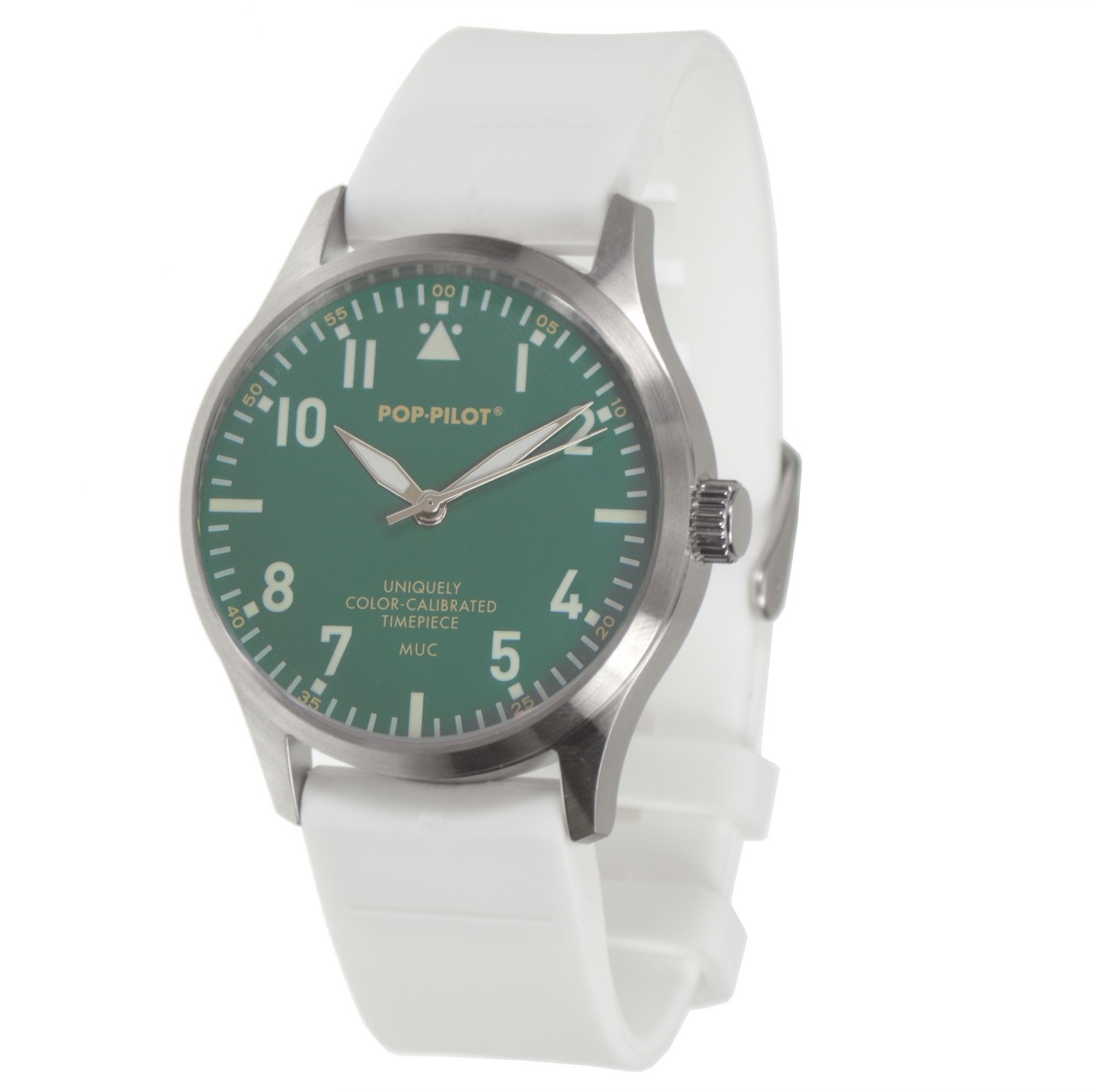 Pop Pilot three-hand wristwatch 42 mm steel case silicone strap white