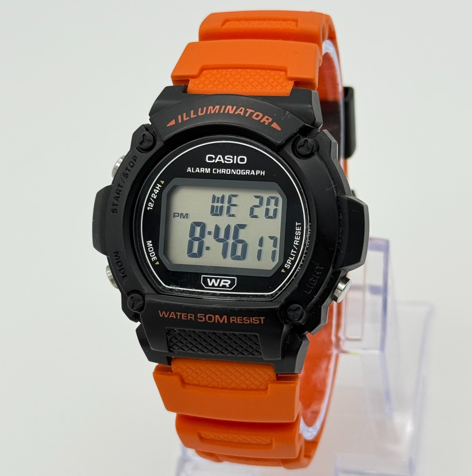 Men’s CASIO Digital Alarm Chronograph Watch, Black Case, Orange Band, W-219H-4AV