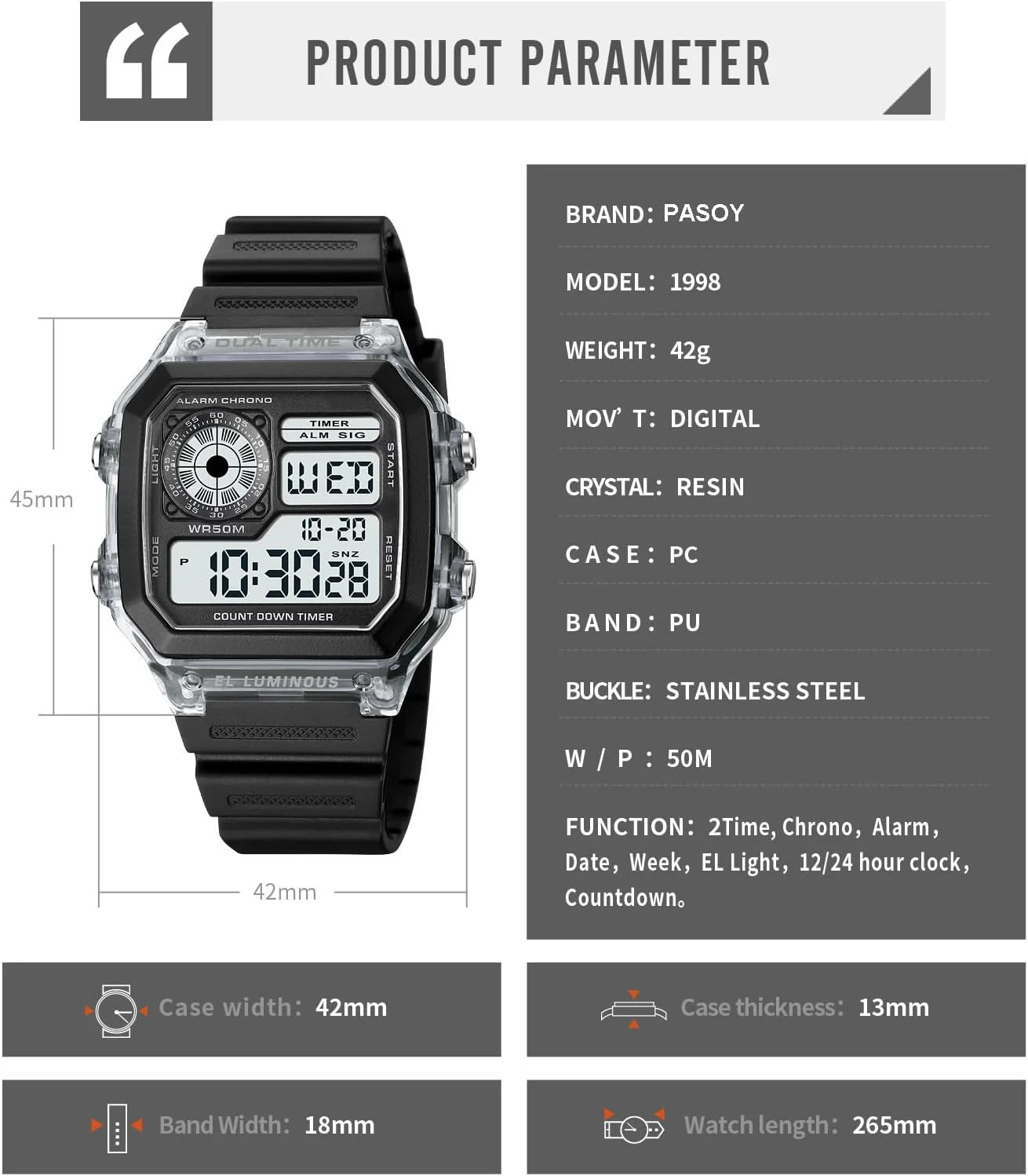 Men’S Digital Multi-Function Watches Dual Time Alarm Stopwatch Countdown Backlig