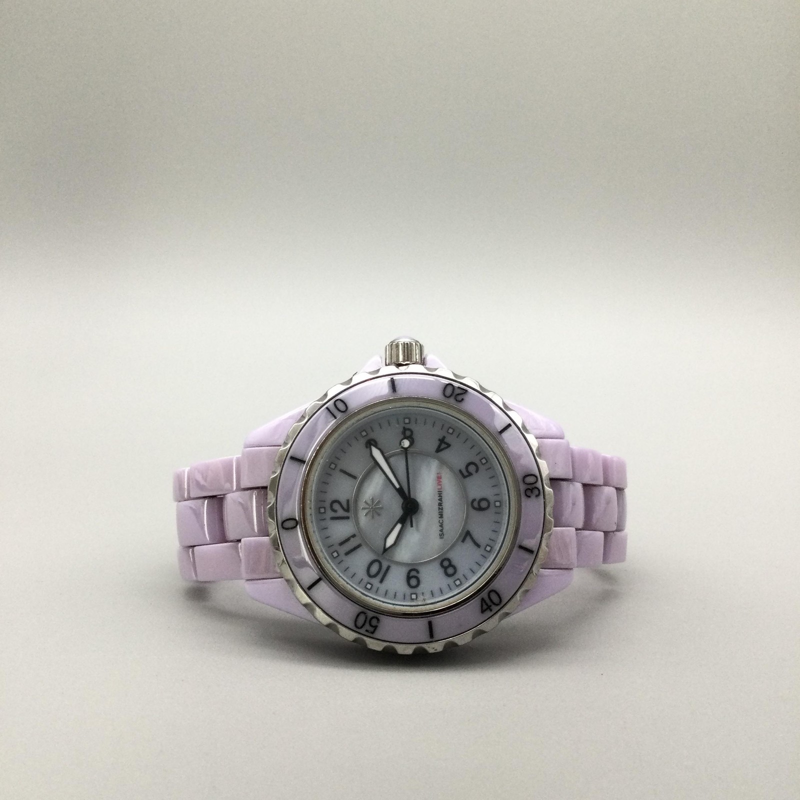 Isaac Mizrahi Live Womens Watch 34mm White MOP Purple Ceramic New Battery 6.5″